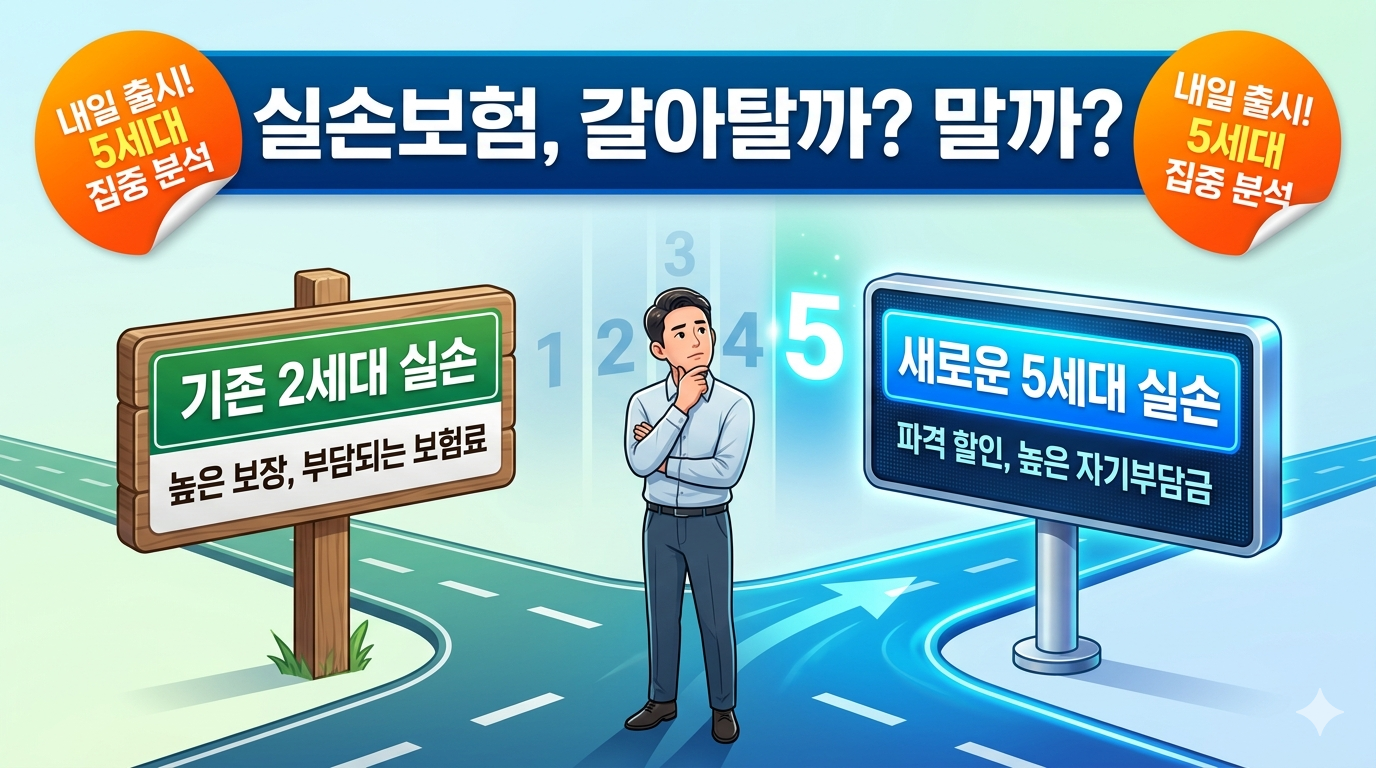 갈림길 앞에 서서 고민하는 남성과 '기존 2세대 실손(높은 보장)' 및 '새로운 5세대 실손(보험료 할인)' 표지판을 보여주는 실손보험 비교 일러스트