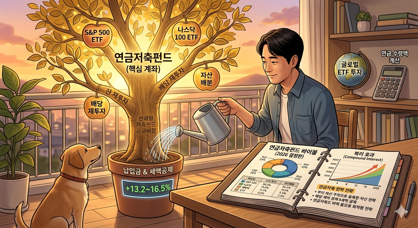 연금저축펀드 계좌를 활용한 자산 배분 전략과 복리 성장 및 세액공제 혜택을 시각화한 노후 준비 바이블 인포그래픽 이미지