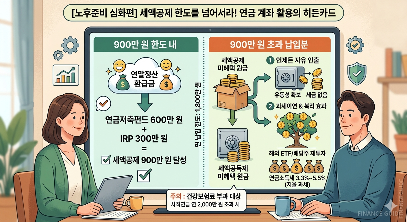 연금 계좌 초과 납입 전략 인포그래픽: 세액공제 한도 900만 원(연금저축 600만 원 + IRP 300만 원)을 달성한 후, 추가로 900만 원을 납입하여 유동성(원금 세금 없이 인출)과 과세이연 및 복리 효과를 극대화하는 방법을 시각적으로 설명한 이미지