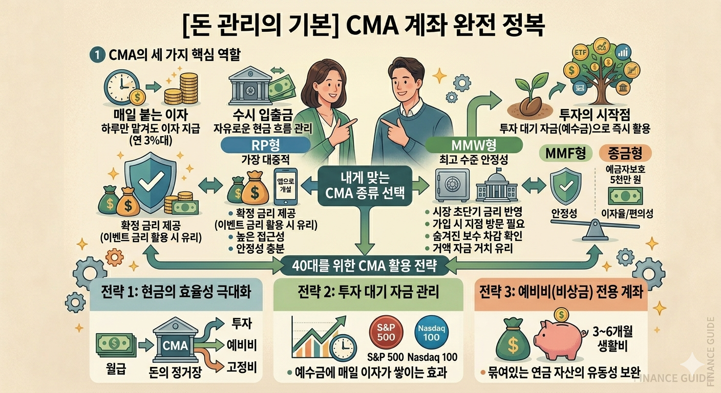 CMA(종합자산관리계좌) 완전 정복 인포그래픽: '돈의 정거장' 컨셉을 시각화하여 하루만 맡겨도 매일 이자가 붙고 수시 입출금이 가능한 CMA의 특징을 설명함. RP형(가장 대중적, 이벤트 금리), MMW형(최고 안정성, 지점 방문), MMF형(금리 변동 반영), 종금형(예금자보호) 등 4가지 종류의 특성을 비교하고, 40대를 위한 예비비(비상금) 및 투자 대기 자금(예수금) 관리 활용 전략을 담은 이미지