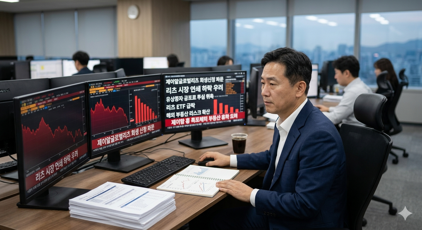 사무실에서 남성 재무 분석가가 모니터에 표시된 '제이알글로벌리츠 회생 신청 파문', '리츠 시장 연쇄 하락 우려' 등 리츠 위기 관련 헤드라인과 하락하는 주가 차트를 분석하고 있다.
