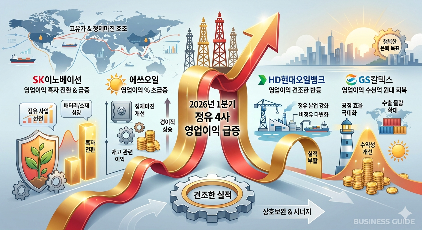 2026년 1분기 정유 4사 영업이익 급증 인포그래픽: 고유가와 정제마진 개선이라는 두 개의 큰 파도가 상승하는 그래프와 금괴를 통해 정유사의 수익성 확대를 시각화함. SK이노베이션(흑자 전환 및 이익 회복), 에쓰오일(경이적 % 증가), HD현대오일뱅크(성장 궤도 진입), GS칼텍스(견조한 실적 유지) 등 각 정유사의 주요 실적 특징을 상승 화살표와 아이콘으로 표현한 이미지
