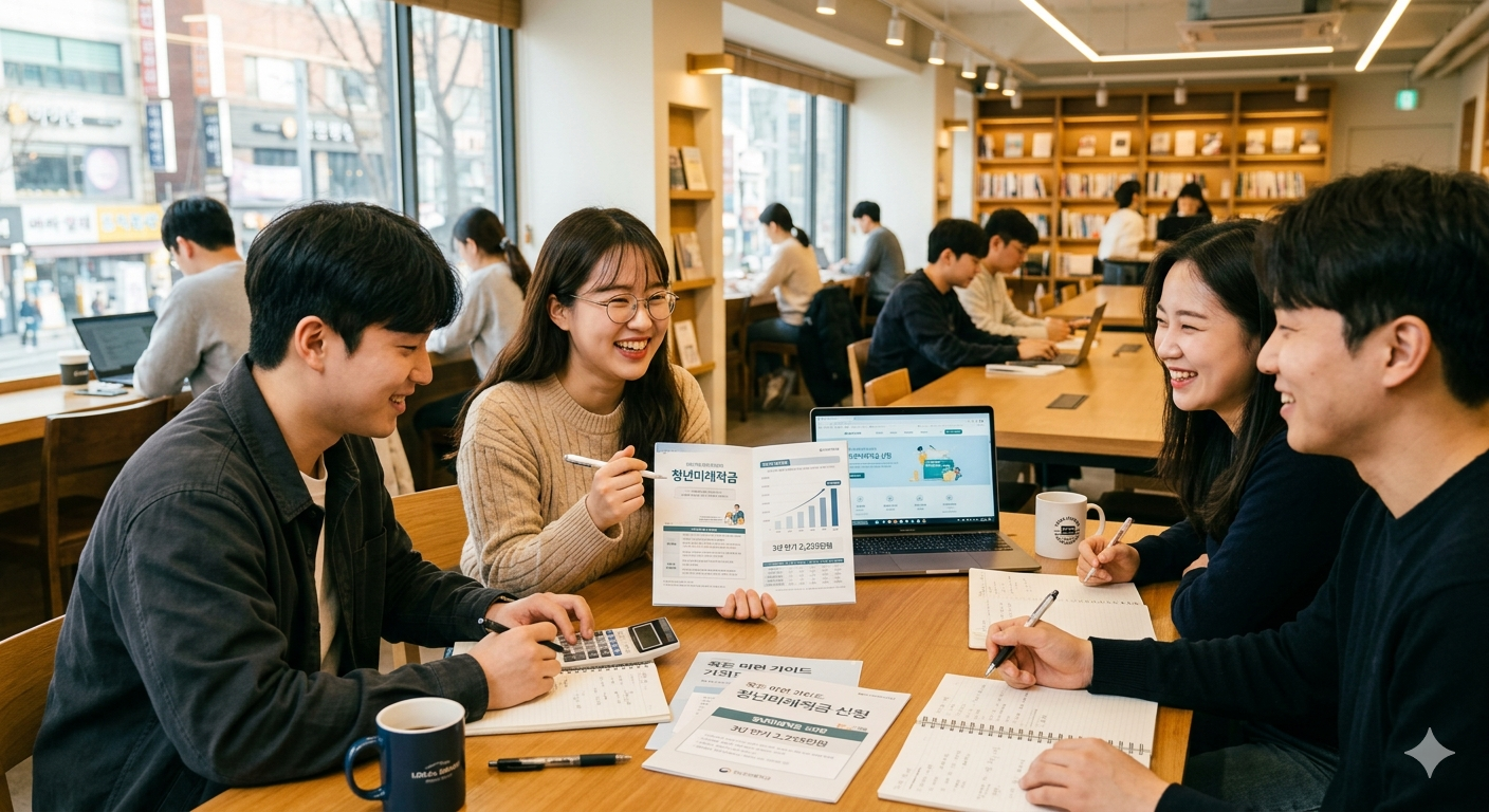 카페에서 청년들이 청년미래적금에 대해 이야기를 나누고 있는 그림