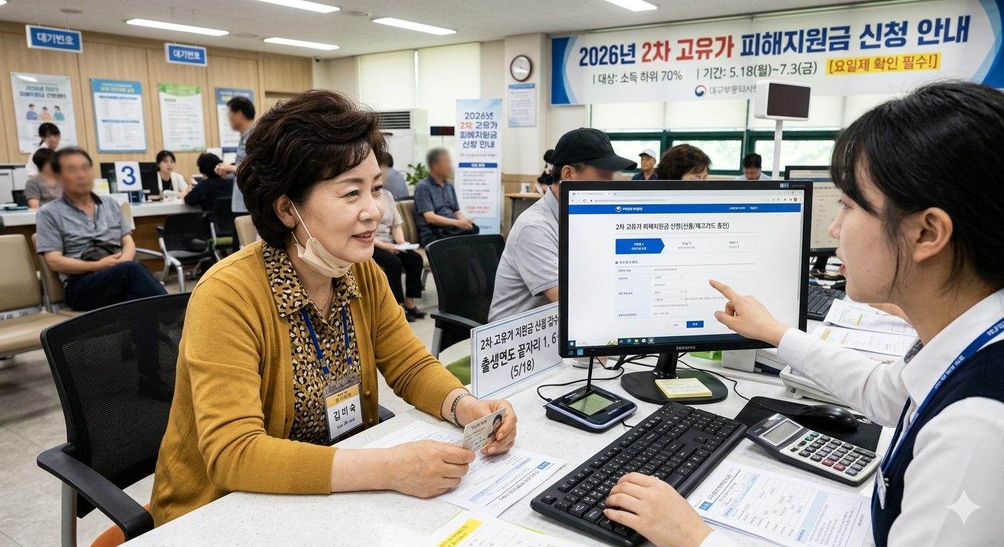 2026년 2차 고유가 피해지원금 신청을 위해 주민센터를 방문한 민원인이 담당 직원에게 안내를 받고 있는 모습