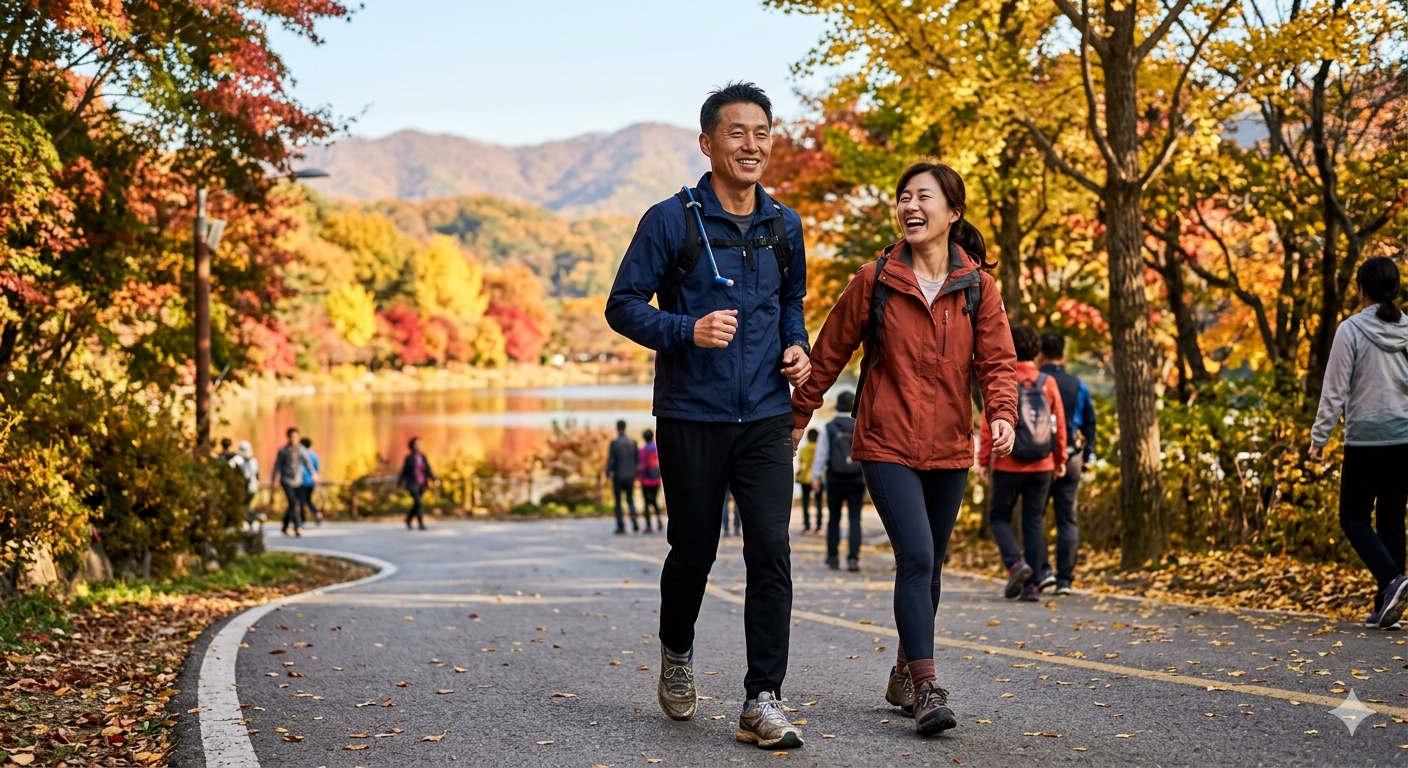 단풍이 아름답게 물든 가을 공원의 산책로에서 밝은 표정으로 활기차게 걷고 있는 40대 중장년 부부의 모습. 남성은 네이비색 바람막이를, 여성은 주황색 아웃도어 재킷과 레깅스를 입고 있으며, 배경에는 호수와 산, 그리고 산책을 즐기는 다른 사람들이 조화롭게 어우러진 활력 넘치는 노후 건강 관리의 모습.