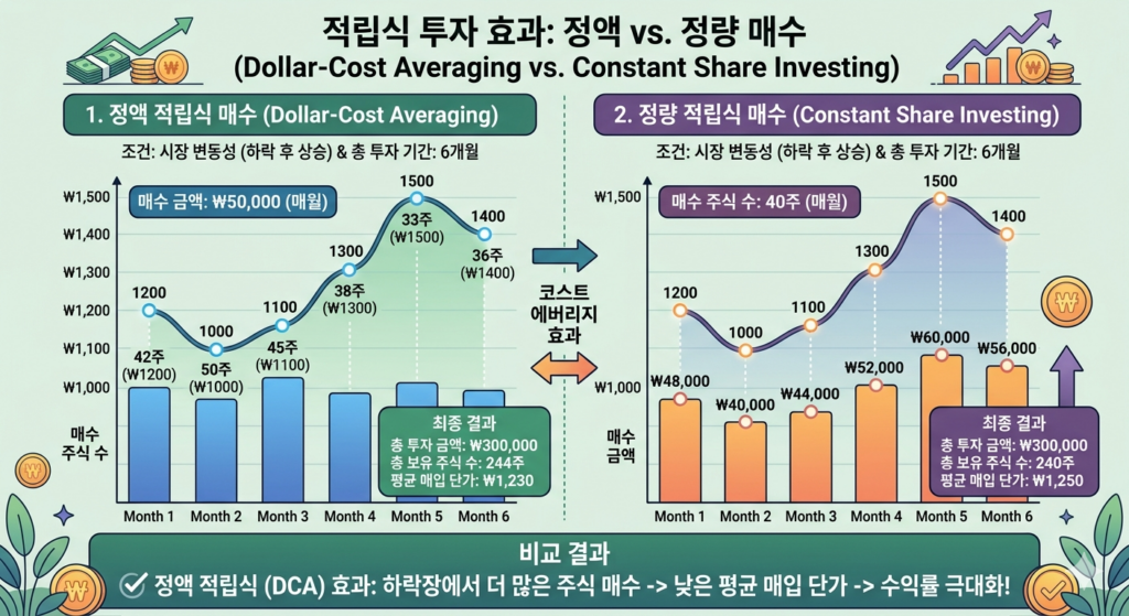 '적립식 투자 효과: 정액 vs. 정량 매수'를 비교하는 상세 인포그래픽. 동일한 시장 변동성(하락 후 상승) 상황에서 6개월간 투자했을 때를 가정합니다. 왼쪽 그래프(정액 적립식, DCA)는 매월 ₩50,000의 고정 금액으로 매수하며, 주가가 하락할 때 더 많은 주식을 구매하여 평균 매입 단가를 ₩1,230으로 낮춥니다. 오른쪽 그래프(정량 적립식)는 매월 고정된 40주를 매수하며, 주가 상승 시 매수 금액이 증가하여 평균 매입 단가가 ₩1,250으로 더 높습니다. 하단 요약은 정액 적립식이 하락장에서 더 많은 주식을 매수하여 평균 단가를 낮추고 수익률을 극대화함을 보여줍니다.