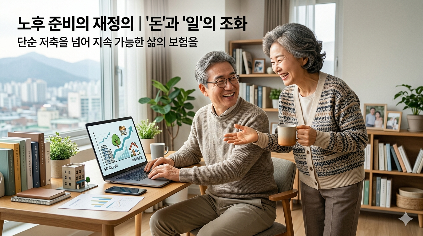 은퇴 후 노후 준비와 경제적 자유를 위해 노트북으로 자산 및 지속 가능한 일자리를 계획하며 미소 짓고 있는 중장년 부부의 모습이 담긴 블로그 대표 이미지.