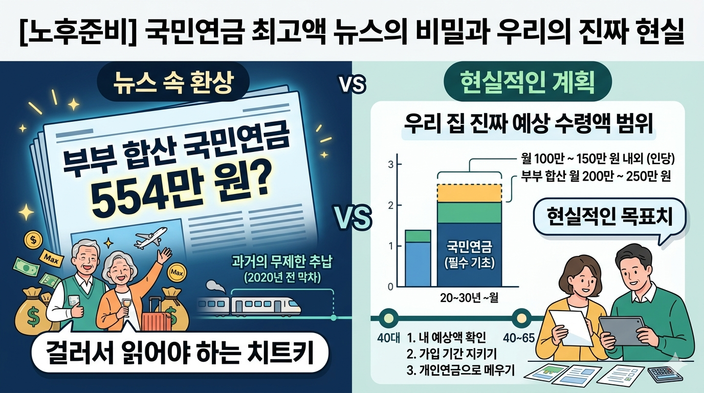 [노후준비] 국민연금 최고액 뉴스의 비밀과 우리의 진짜 현실. 왼쪽에는 '뉴스 속 환상'으로 부부 합산 국민연금 554만 원을 강조하는 신문 기사와 '걸러서 읽어야 하는 치트키'라는 문구가, 오른쪽에는 '현실적인 계획'으로 월 100~150만 원 수준의 예상 수령액 범위와 40대를 위한 3단계 노후 준비 전략이 도표와 함께 설명되어 있는 비교 인포그래픽.