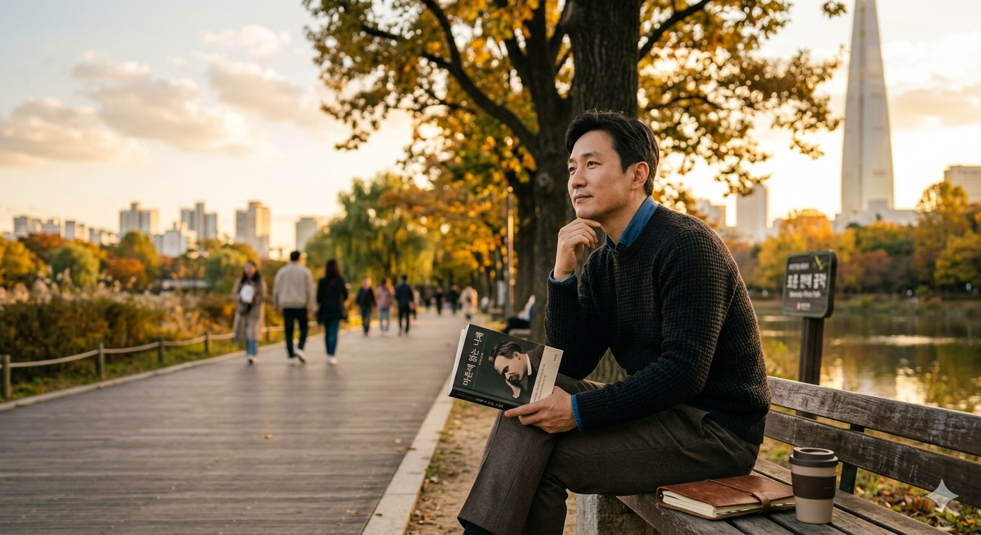 마흔에 읽는 니체 책을 들고 공원 벤치에 앉아 인생 후반전과 노후준비를 고민하며 미소 짓고 있는 마흔 대 남성의 모습