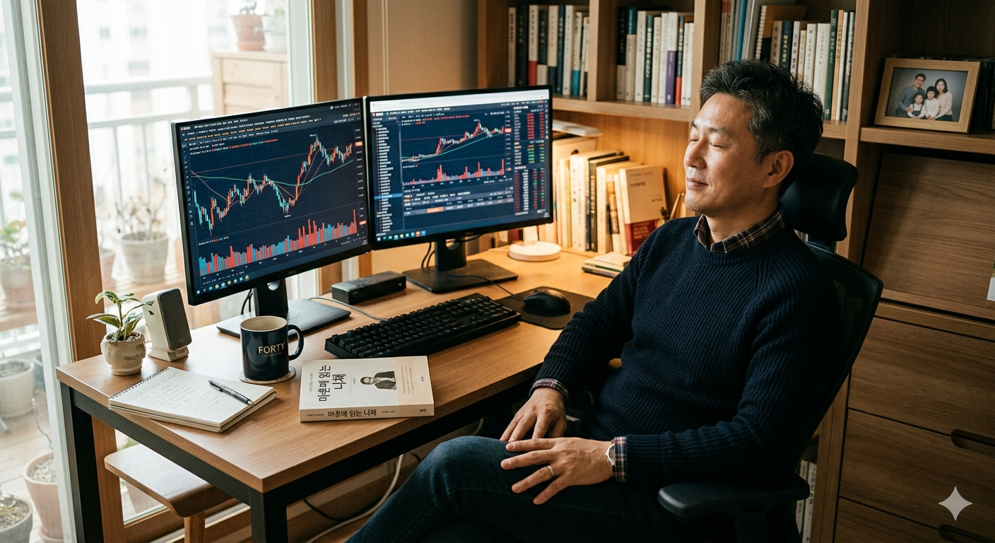 주식 차트 화면 앞에서 눈을 감고 깊게 심호흡을 하며 마음의 여유를 찾기 위해 명상하고 있는 마흔 대 투자자의 모습