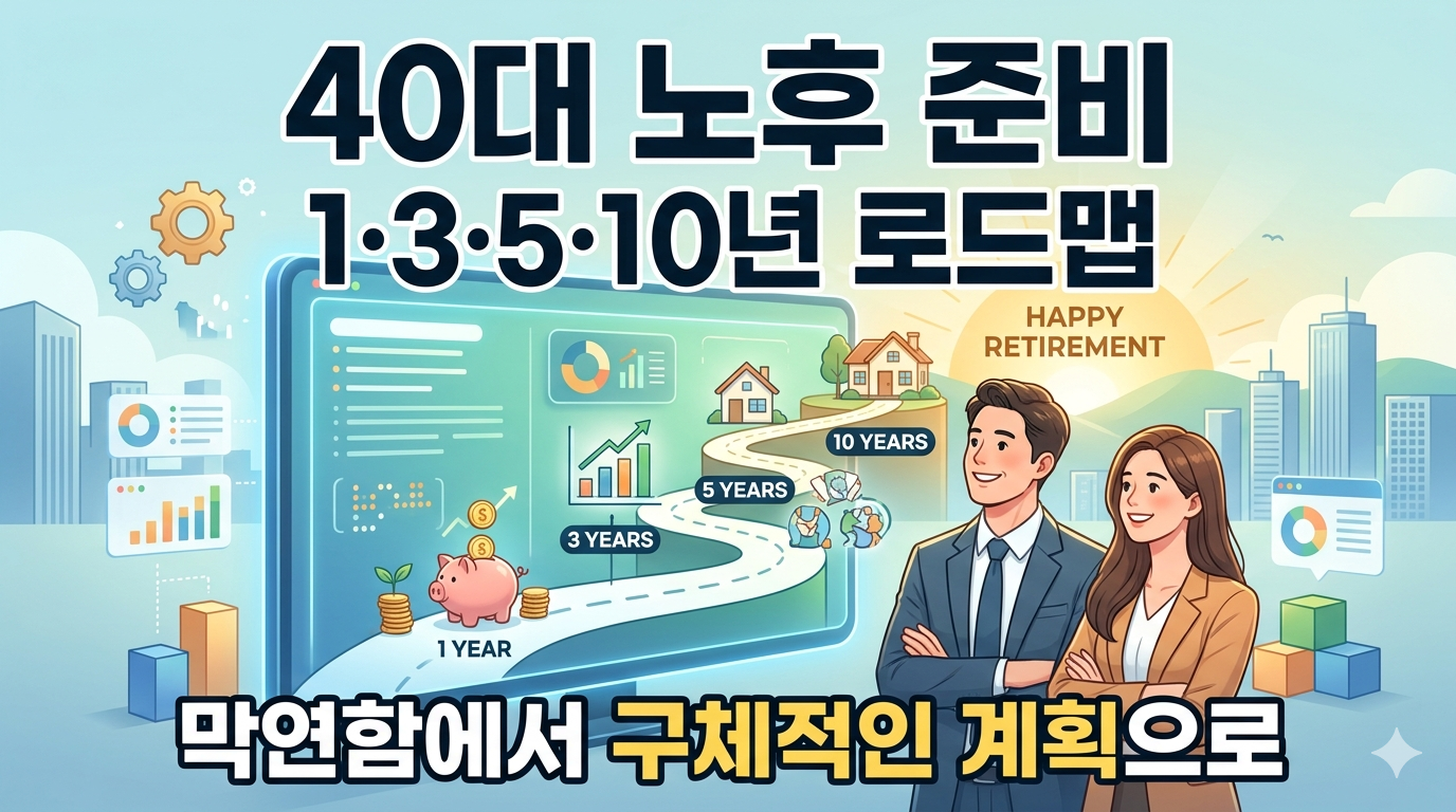 40대 노후 준비 1·3·5·10년 로드맵 글자가 적힌 블로그 썸네일. 자산 성장 그래프와 돼지저금통이 그려진 모니터 화면을 보며 미소 짓는 40대 부부 일러스트와 '막연함에서 구체적인 계획으로' 문구