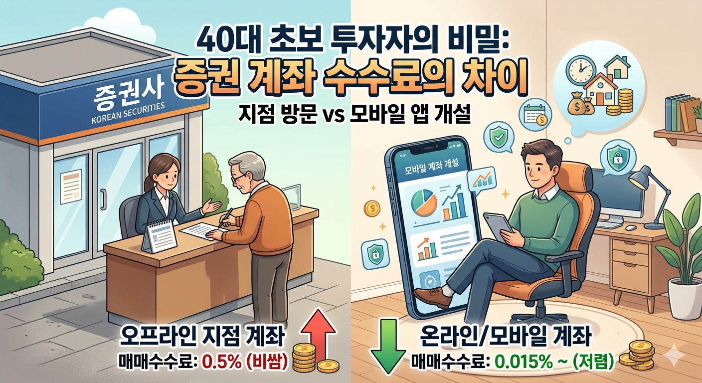 40대 초보 투자자를 위한 증권사 오프라인 지점 계좌와 온라인 모바일 앱 개설 계좌의 매매수수료 차이 비교 일러스트