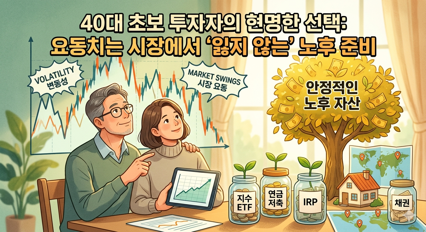 40대 초보 투자자를 위한 노후 준비와 자산 배분 전략을 나타내는 일러스트. 요동치는 주가 차트 앞에서 한 부부가 지수 ETF, 연금저축, IRP, 채권이 적힌 자산 항아리와 황금돈나무를 보며 안정적인 은퇴 자산 계획을 세우고 있는 모습.
