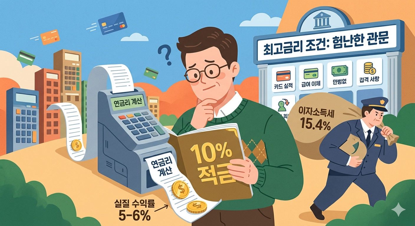은행의 고금리 적금 광고와 그 실질 수익률의 함정을 고민하며 계산기를 두드리는 40대 남성의 모습과 이자소득세를 가져가는 사람을 묘사한 일러스트