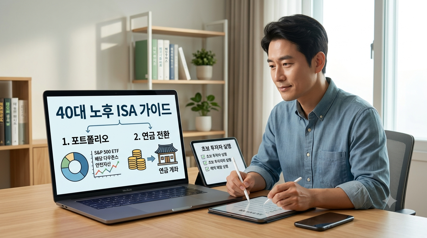 태블릿 PC로 다양한 ETF 수익률 차트와 자산 배분 비중 그래프를 차분하게 비교 분석하며 나만의 투자 전략을 정리하고 있는 40대 중년 남성의 여유로운 모습