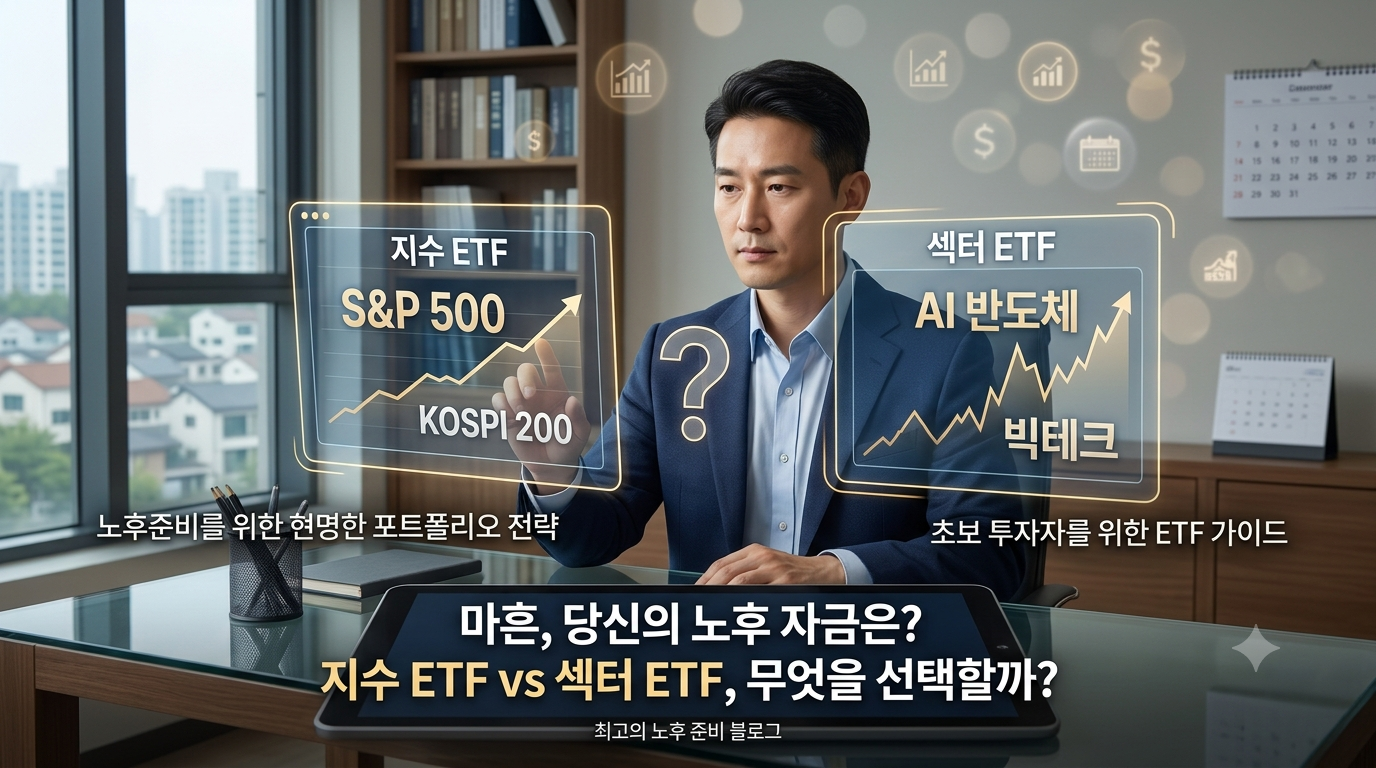 40대 노후준비를 위해 지수 ETF와 섹터 ETF의 투자 비중을 영리하게 조절하며 포트폴리오 자산배분을 고민하는 마흔대 투자자의 모습
