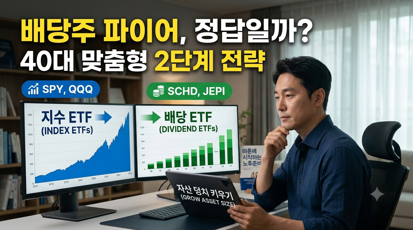 노트북 화면으로 미국 S&P500 지수 그래프와 월배당 ETF의 분배금 내역을 진지하게 비교 분석하며 자산 배분 전략을 고민하고 있는 40대 남성 직장인의 모습