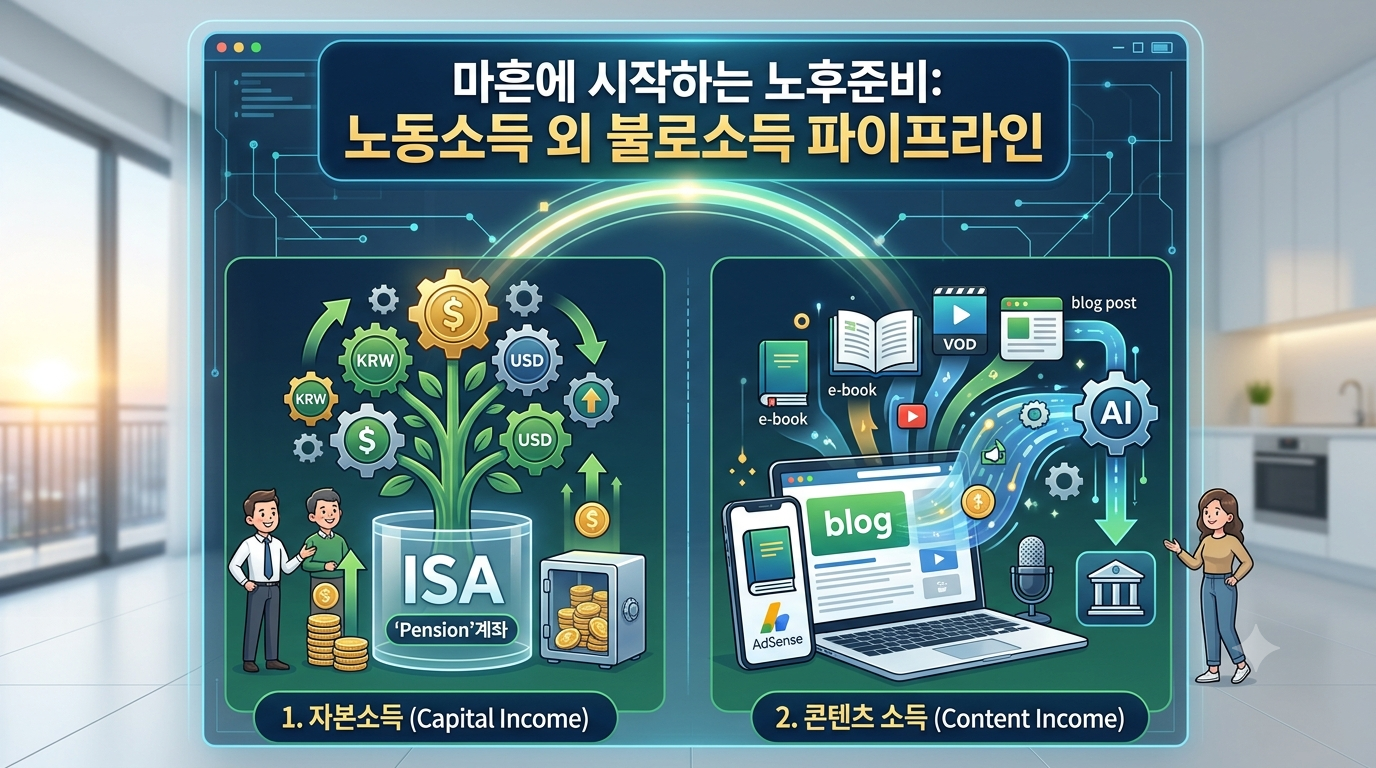 노동소득 외 자본소득과 콘텐츠 소득으로 불로소득 파이프라인 시스템을 표현한 이미지