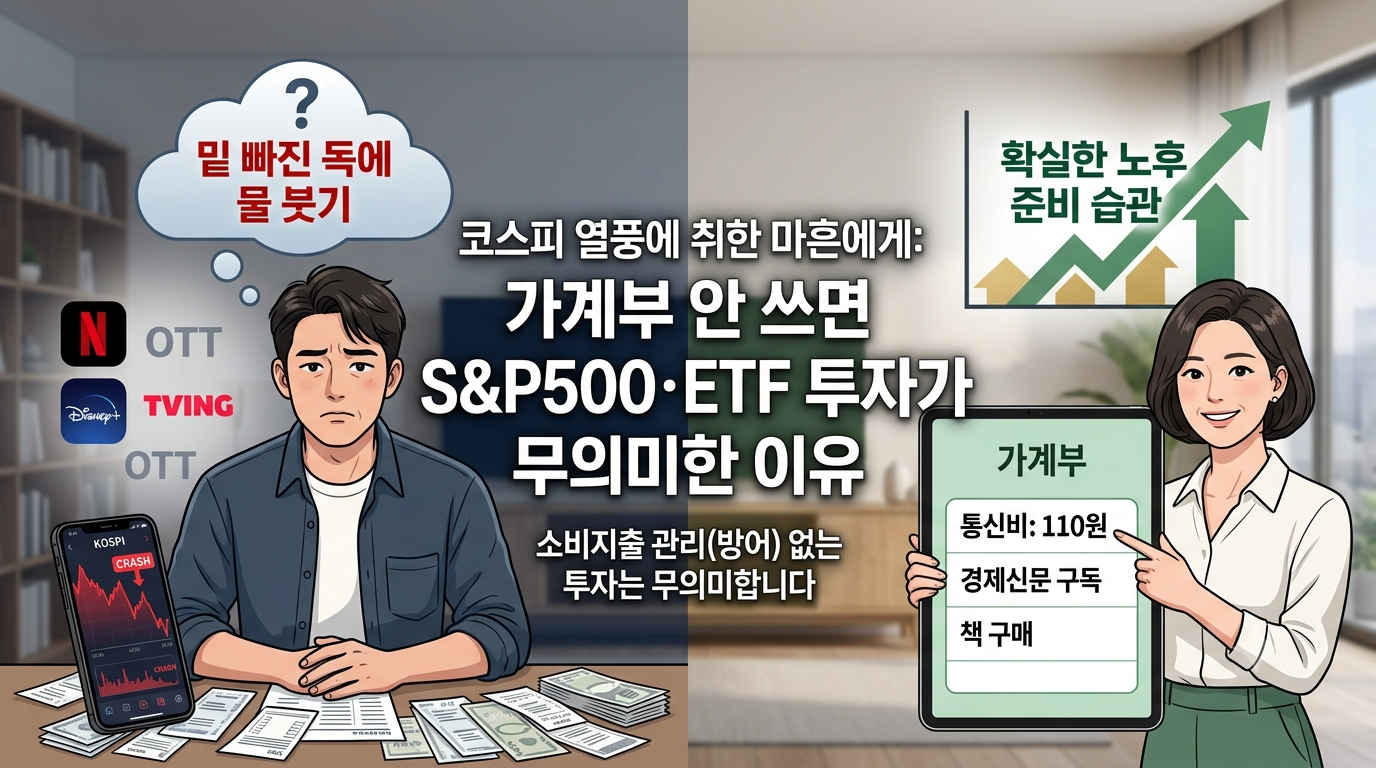 좌측의 걱정스러운 표정의 남성과 우측의 미소 짓는 여성을 대조하여 가계부 작성과 지출 관리의 중요성을 강조하는 이미지. 중앙에는 "코스피 열풍에 취한 마흔에게: 가계부 안 쓰면 S&P500·ETF 투자가 무의미한 이유"라는 메인 문구와 "소비지출 관리(방어) 없는 투자는 무의미합니다"라는 서브 문구가 적혀 있습니다. 좌측 남성 위에는 "밑 빠진 독에 물 붓기"라는 말풍선과 함께 넷플릭스, 티빙 등의 OTT 로고가 있고, 앞에는 폭락하는 주식 차트 화면의 스마트폰과 영수증, 지폐가 놓여 있습니다. 우측 여성은 "가계부(통신비, 경제신문 구독, 책 구매)"가 적힌 태블릿을 들고 있으며, 위에는 상승하는 그래프와 함께 "확실한 노후 준비 습관"이라는 문구가 있습니다.