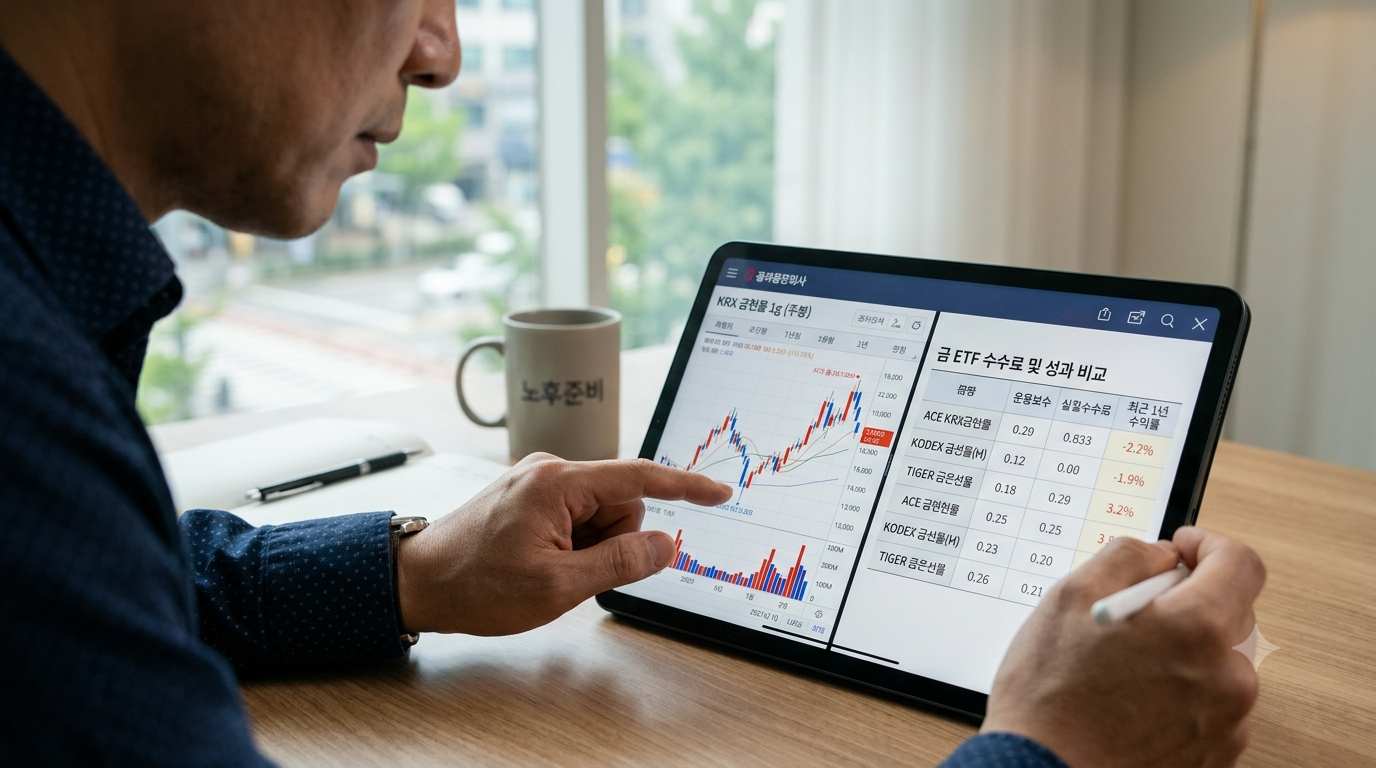 태블릿 화면으로 증권사 앱의 KRX 금현물 그래프와 금 ETF 수수료 비교 표를 진지하게 분석하며 노후 자산 배분 전략을 고민하고 있는 40대 직장인의 손과 화면의 모습